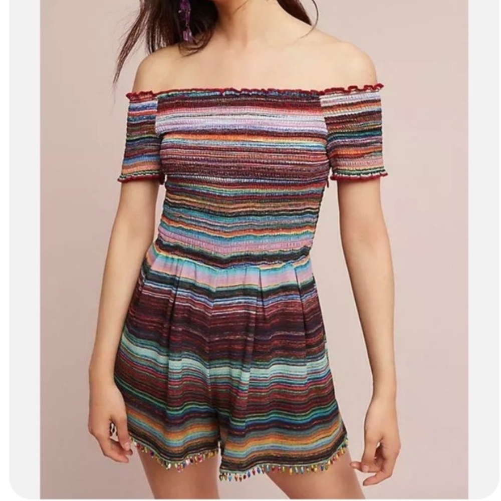 Anthropologie Nicole Miller Multi Striped Greenwich Boho Romper Beaded NWT 14
